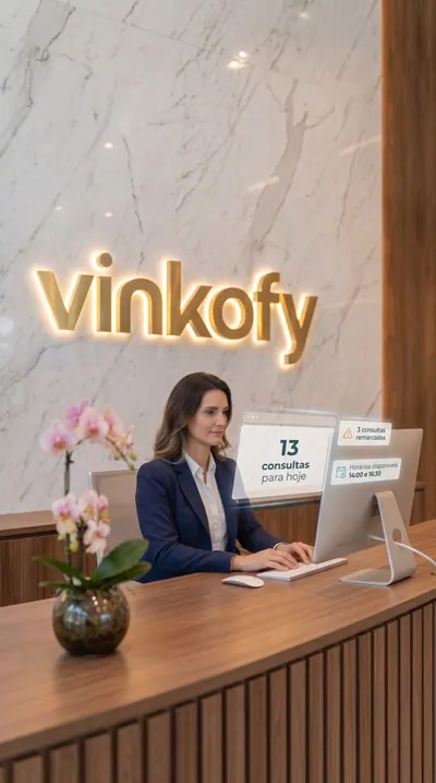 Recepção da clínica com painel Vinkofy mostrando consultas do dia e horários disponíveis