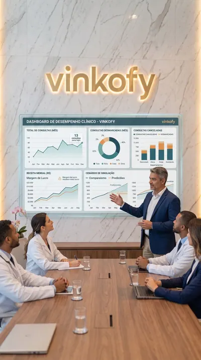 Equipe da clínica em reunião diante do dashboard de desempenho do Vinkofy